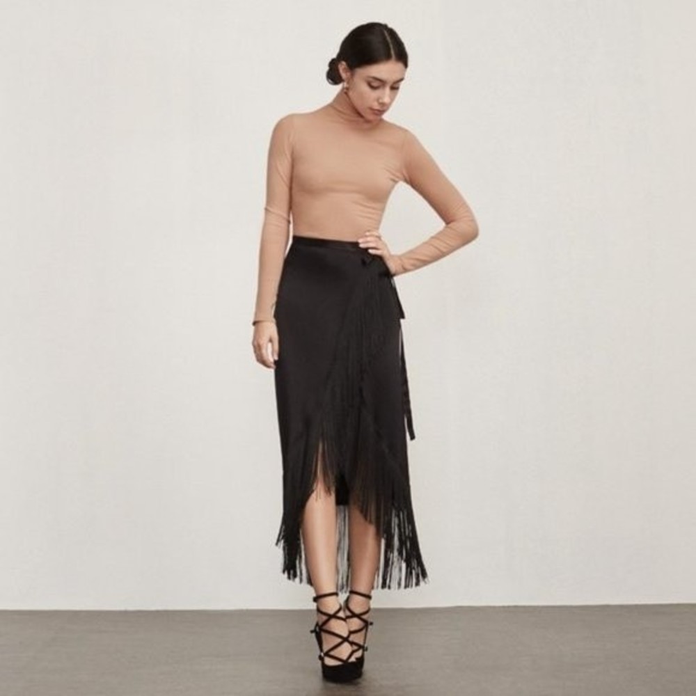 Reformation | Aurelie Black Satin Crepe Fringe Wrap Midi Skirt XS